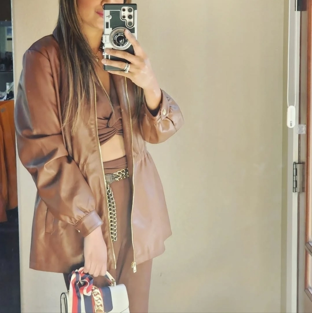 Women's Leather Brown Jacket And Brown Leather Pants 2 PC Different Brand - Picture 2 of 6